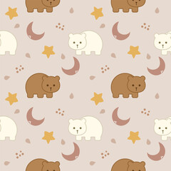 Bear white and brown cartoon so cute. On moon star background. Pattern seamless vector illustration. 
