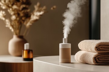 An elegant aromatherapy diffuser sits beside neatly folded towels, emanating a calming steam that creates a peaceful ambiance in a beautifully designed spa-like setting.