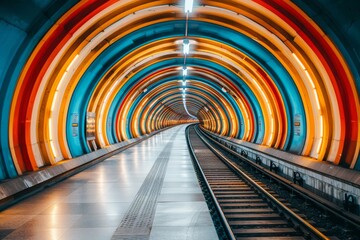 Vibrant underground tunnel with colorful lighting and railway tracks in an urban setting