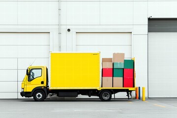 Bright yellow delivery truck loaded with colorful boxes parked outside a warehouse.