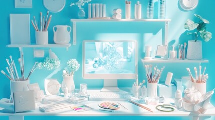 Naklejka premium Sunlit minimalist artist's workspace with computer, paintbrushes, and supplies on a light blue desk.