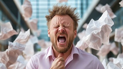 Witness a businessman overwhelmed in his modern office, sneezing amidst a flurry of blurred documents, highlighting workplace stress and potential health issues like allergies and flu The image