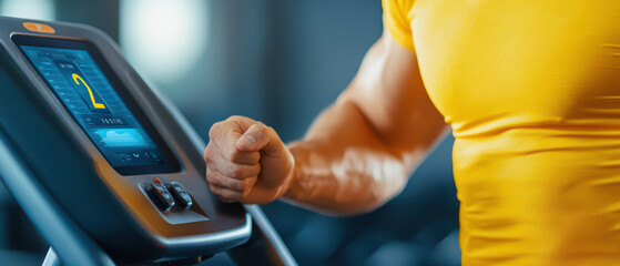 gym goer checks digital screen on treadmill, showcasing fitness progress