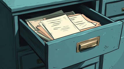 Artistic illustration of an open drawer filled with documents in a vintage cabinet