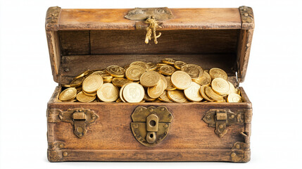 Antique wooden treasure chest filled with gold coins on a white background