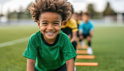 Young soccer players engage in focused training with agility ladders on a vibrant green grass field, showcasing youth energy and dedication to improvement their expressions reflect the positive