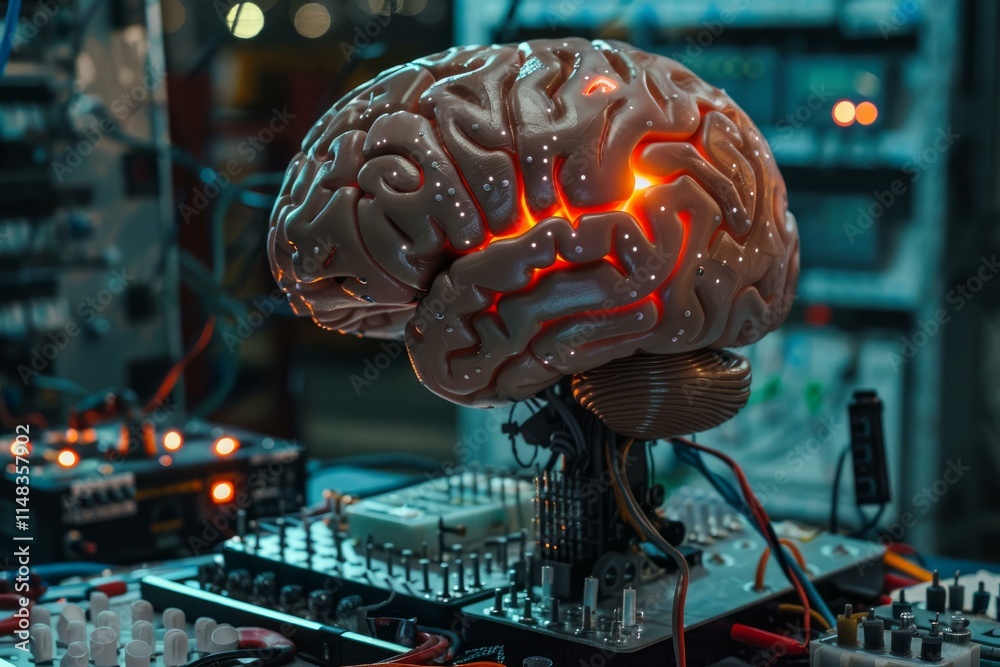 Poster artificial intelligence brain glowing and computing in futuristic laboratory