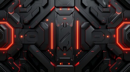 Abstract black and red futuristic background with intricate geometric patterns and glowing lines