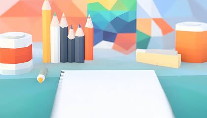 Blank notebook, colored pencils, stationery, colorful background, creative workspace.