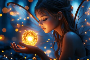Fototapeta premium A fantasy-themed girl with fairy wings, holding a glowing orb, standing in a magical forest filled with sparkling lights