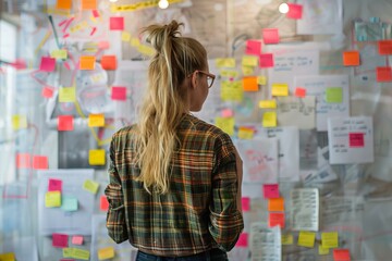 Project manager planning strategy using sticky notes on transparent whiteboard