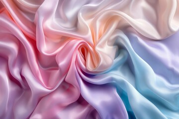 Fototapeta premium Colorful silk fabric draped in soft, flowing waves showcases a blend of pastel shades and textures