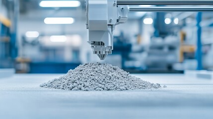 Manufacturing innovation with raw materials. 3D printer depositing material on a surface in a factory.