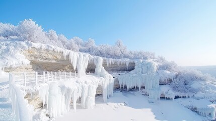 Frozen waterfall cliffside winter landscape.