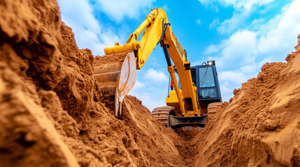 Excavator digging a trench under a clear blue sky