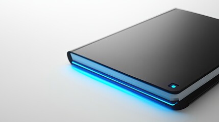 Futuristic black book with glowing blue edge.