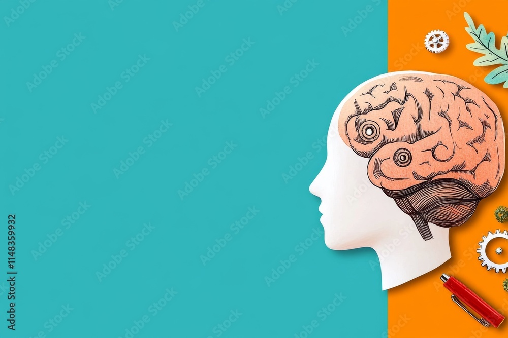 Poster A flat design of a human head profile with gears seamlessly integrated into the skull area, using bold colors and simple shapes