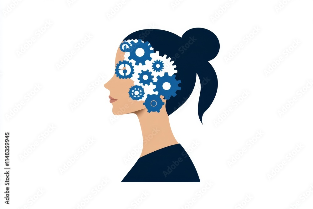 Poster a flat design of a human profile filled with interconnected gears in gradient shades of blue, symbol