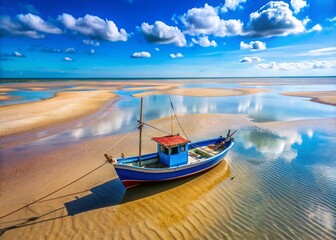 Fototapeta premium Stunning Aerial View: Low Tide Beach, Blue Fishing Boat, Azure Sky - Coastal Photography