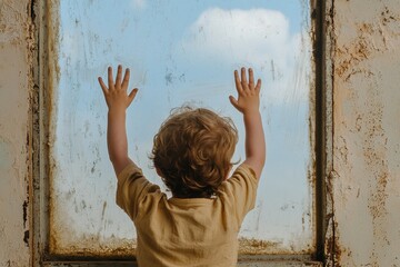 A child gazes through a dirty window, hands pressed against the glass, looking out at a blue sky with a cloud, evoking feelings of curiosity and longing.