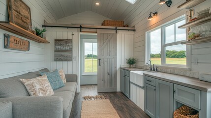 Naklejka premium Cozy Tiny Home Interior with Sliding Door to Bathroom Area