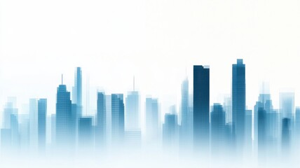 Obraz premium A misty skyline silhouette features tall buildings with a blue gradient, creating a serene urban landscape.