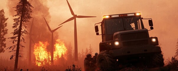 A firefighting vehicle approaches a raging wildfire near wind turbines, highlighting the clash between renewable energy and environmental challenges.