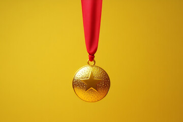 A dynamic image of a gold medal suspended by a bold red ribbon, set against a vibrant yellow 