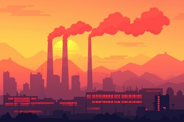 Fototapeta premium A vibrant sunset over an industrial skyline, featuring smokestacks emitting pollution against a backdrop of mountains.