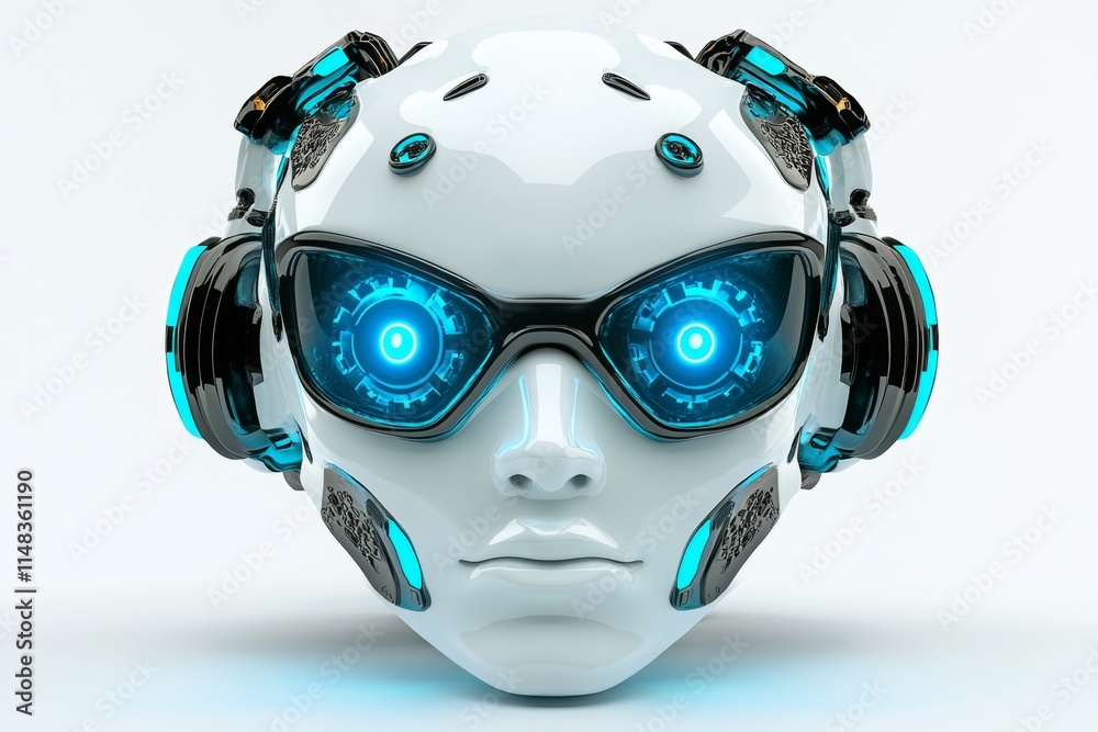 Poster a futuristic cybernetic head with glowing blue gears visible through transparent sections, represent