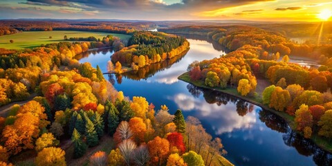Obraz premium Stunning Autumn Drone Photography: Aerial Views of Golden Fall Foliage, Breathtaking Landscapes