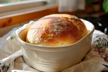 Freshly baked loaf of bread cooling in ceramic dish by window