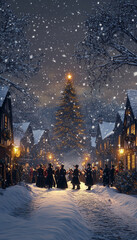 Fototapeta premium A small group of carolers dressed in Victorian-era outfits stands on a snow-covered cobblestone street
