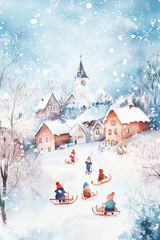 Naklejka premium a winter wonderland scene in a little village with kids playing and driving with sleds, childish illustrated