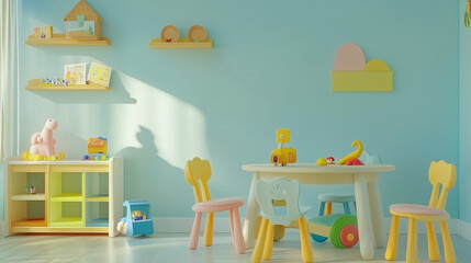 Minimalist children’s playroom with pastel furniture and educational toys in a bright space