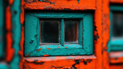 Weathered Teal Window in a Rustic Orange Wall