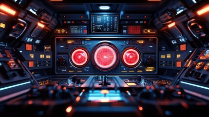 Obraz premium Futuristic spaceship bridge interior with glowing controls and displays.