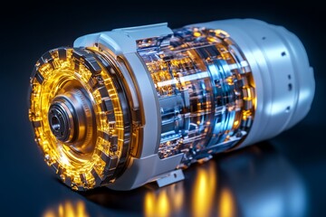 A futuristic vehicle transmission system with glowing gears made of a transparent, high-tech material, rotating in harmony