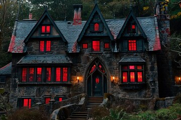 Historic stone mansion with red windows set in a wooded area during twilight