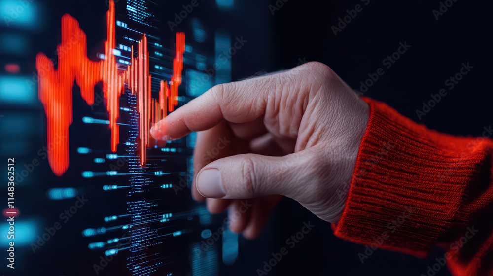 Poster person interacts with digital interface displaying data trends and analytics. vibrant red graph high
