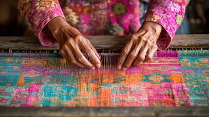 Obraz premium Artisans Skillfully Weaving Colorful Threads with Expert Hands