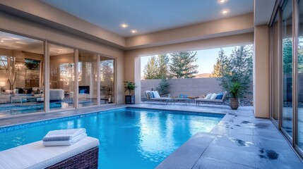 Fototapeta premium Modern luxury indoor swimming pool opens to an outdoor patio with lounge chairs and green trees under a twilight sky.