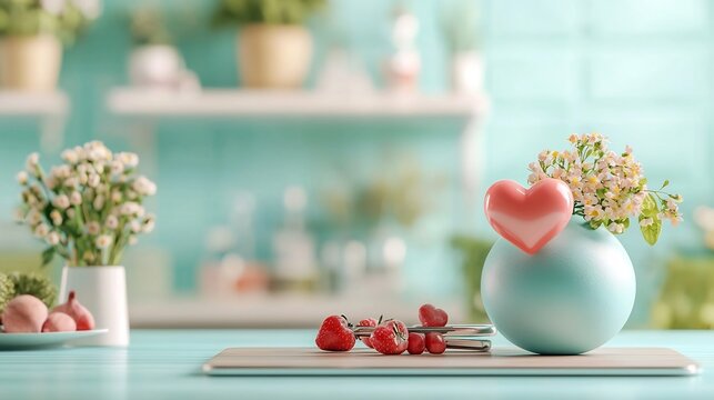 Playful heart shaped character balancing gracefully on a fitness ball in a bright minimalist studio setting representing a fun and approachable functional training concept for wellness exercise