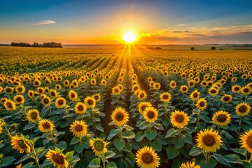 Fototapeta premium Stunning Drone View: Sunflowers Field, Bright Blue Sky, Aerial Photography