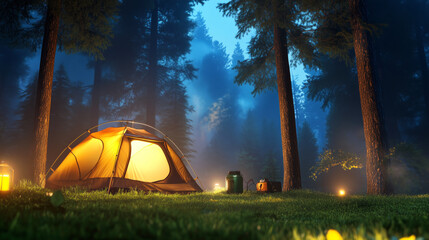 Cozy camping setup in a serene forest at night