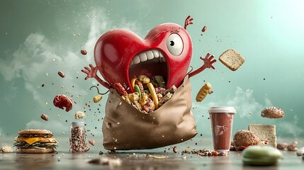 Tired dejected cartoon heart character dragging a heavy bag filled with junk food conveying a gloomy illustrative concept of the dietary consequences of unhealthy eating habits and lifestyle choices