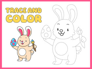 Trace and color coloring book with rabbit with Easter egg for kids. Coloring page with cartoon bunny. Vector illustration.