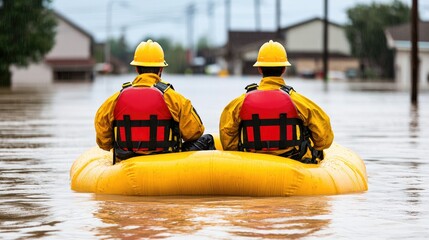 Flood rescue workers in yellow gear navigate a flooded area in a yellow inflatable raft, highlighting the challenges of emergency response operations.