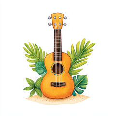 vibrant ukulele surrounded by tropical leaves, evoking cheerful, sunny vibe. Perfect for music lovers and nature enthusiasts