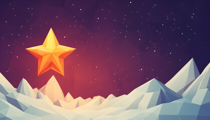 Obraz premium Golden star over angular peaks, night sky, polygonal design, abstract backdrop for art, space, or celestial themes.